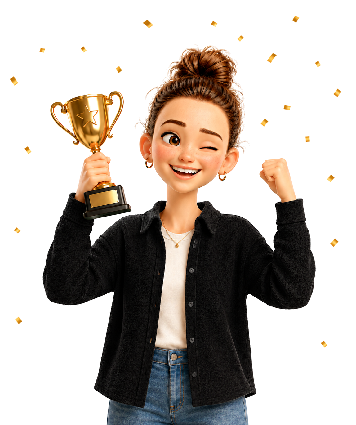 Illustrated client celebrating a win with a trophy