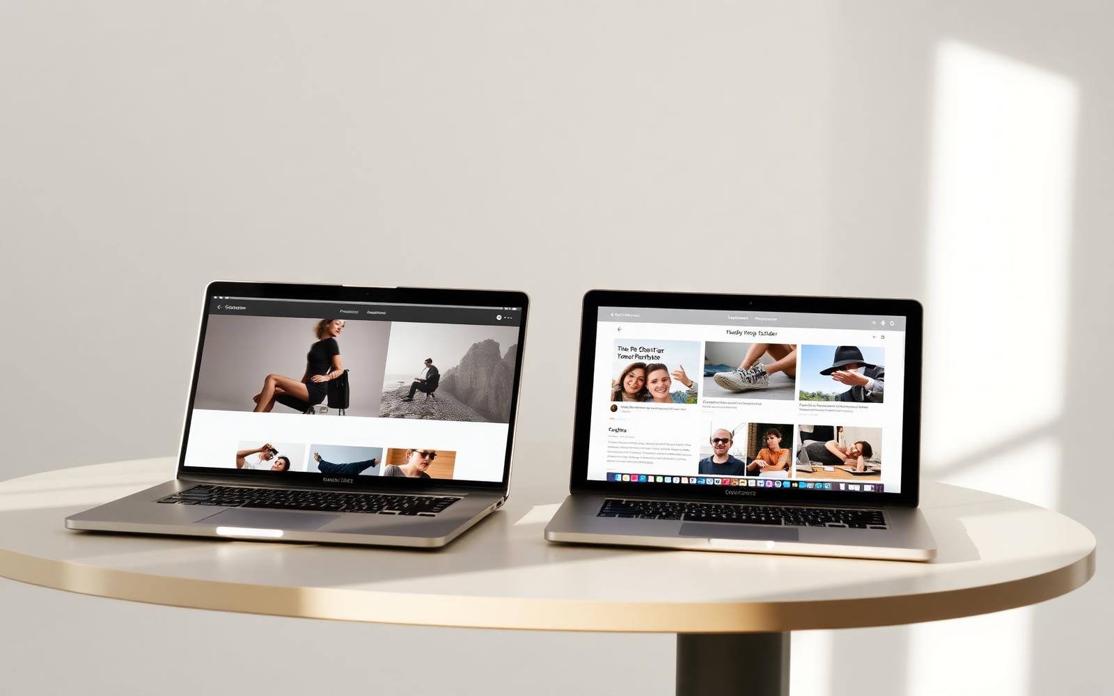 Two laptops side by side on a studio table comparing a custom website with a template builder