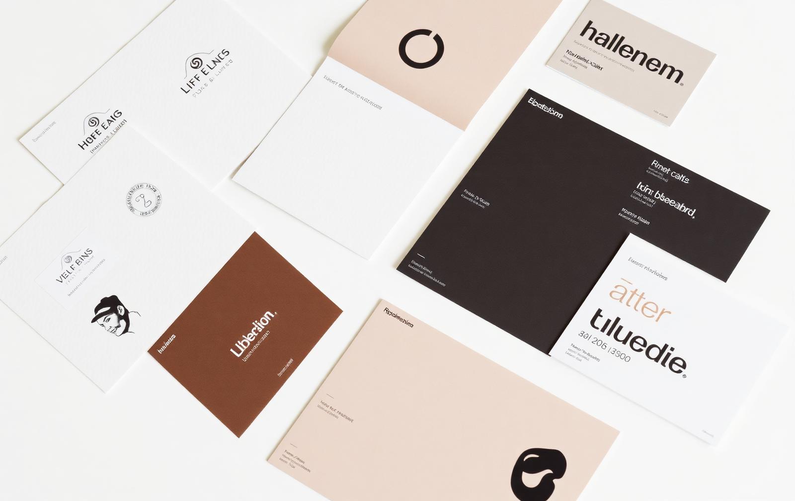 Brand identity print materials, colour swatch cards and typography specimens laid flat