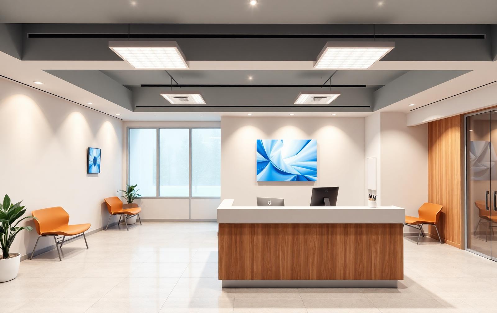 A bright modern private clinic reception area with calm minimal interior