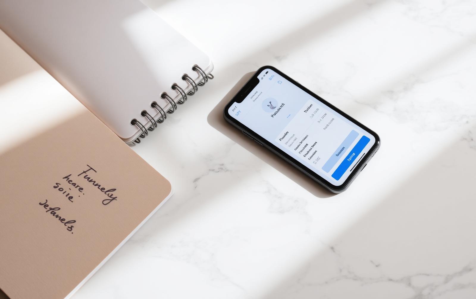 A phone showing a minimal mobile checkout screen next to a notebook of funnel notes