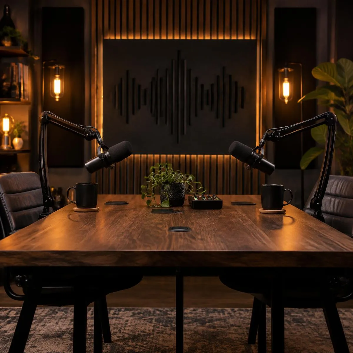 Podcast studio with two microphones for podcast editing