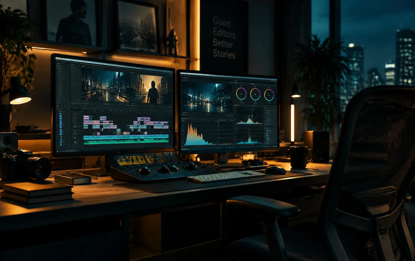 Professional editing suite with video timelines and colour grading screens