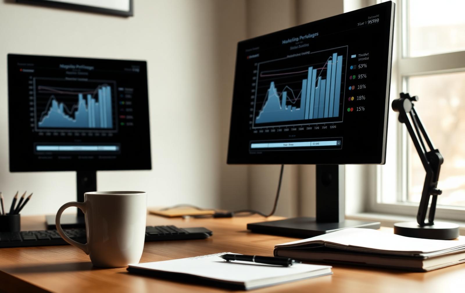 A marketing analyst desk with two monitors showing advertising performance charts