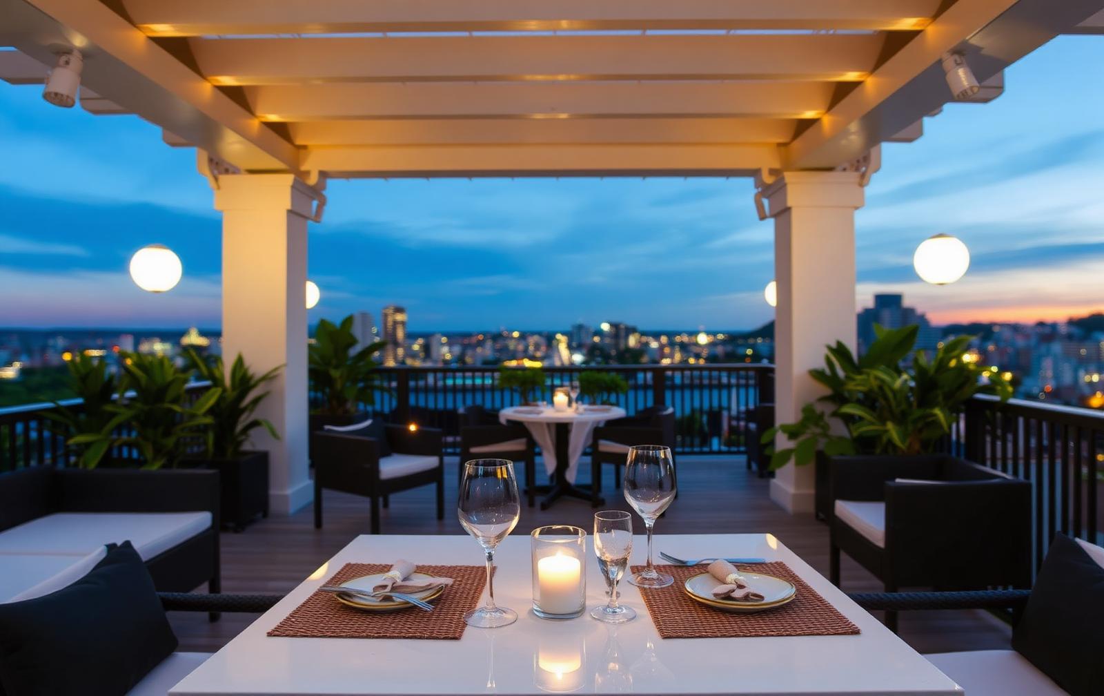 A boutique hotel rooftop terrace styled for dinner service at dusk