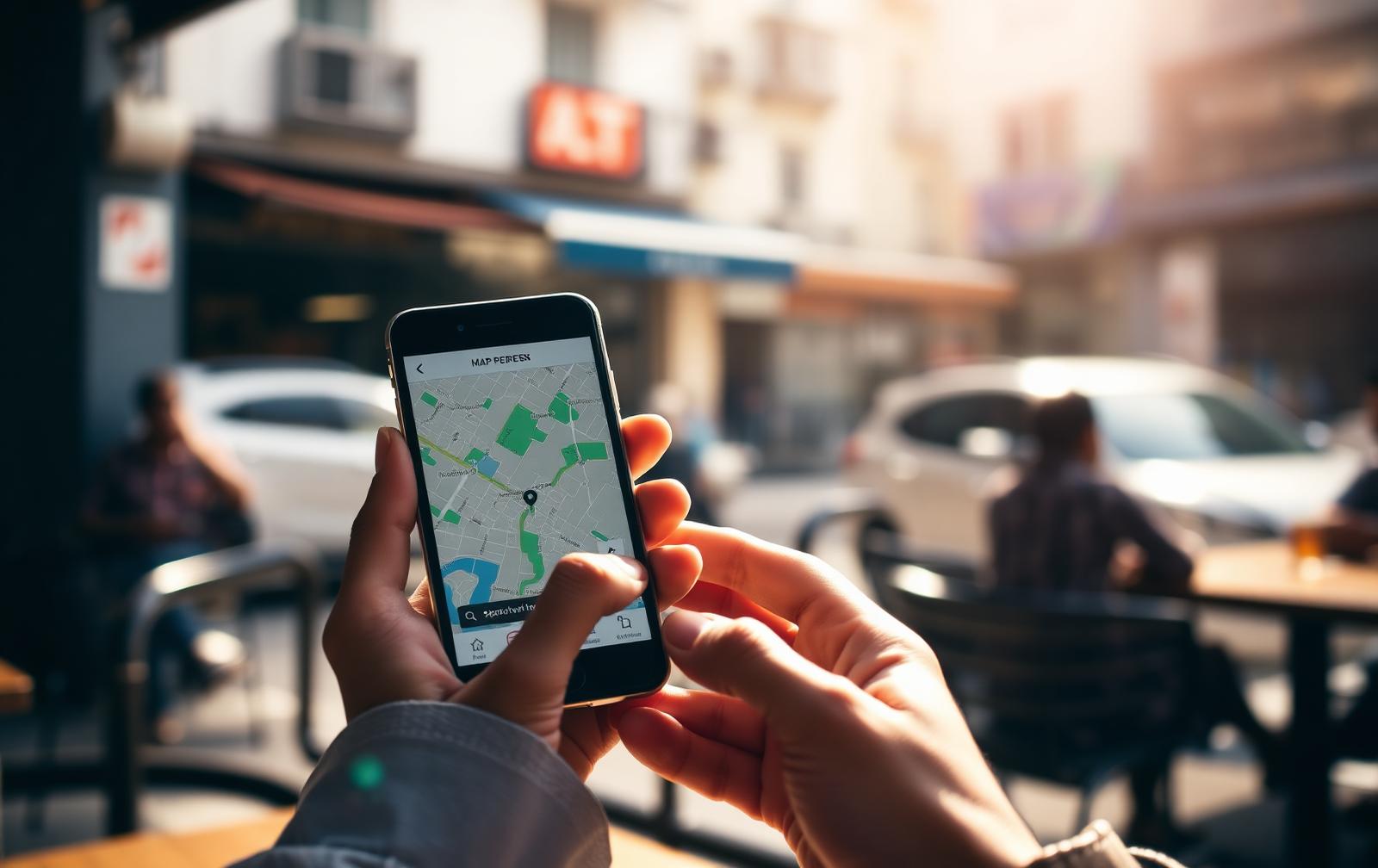 Hands holding a phone showing a map search screen at a sunlit city cafe