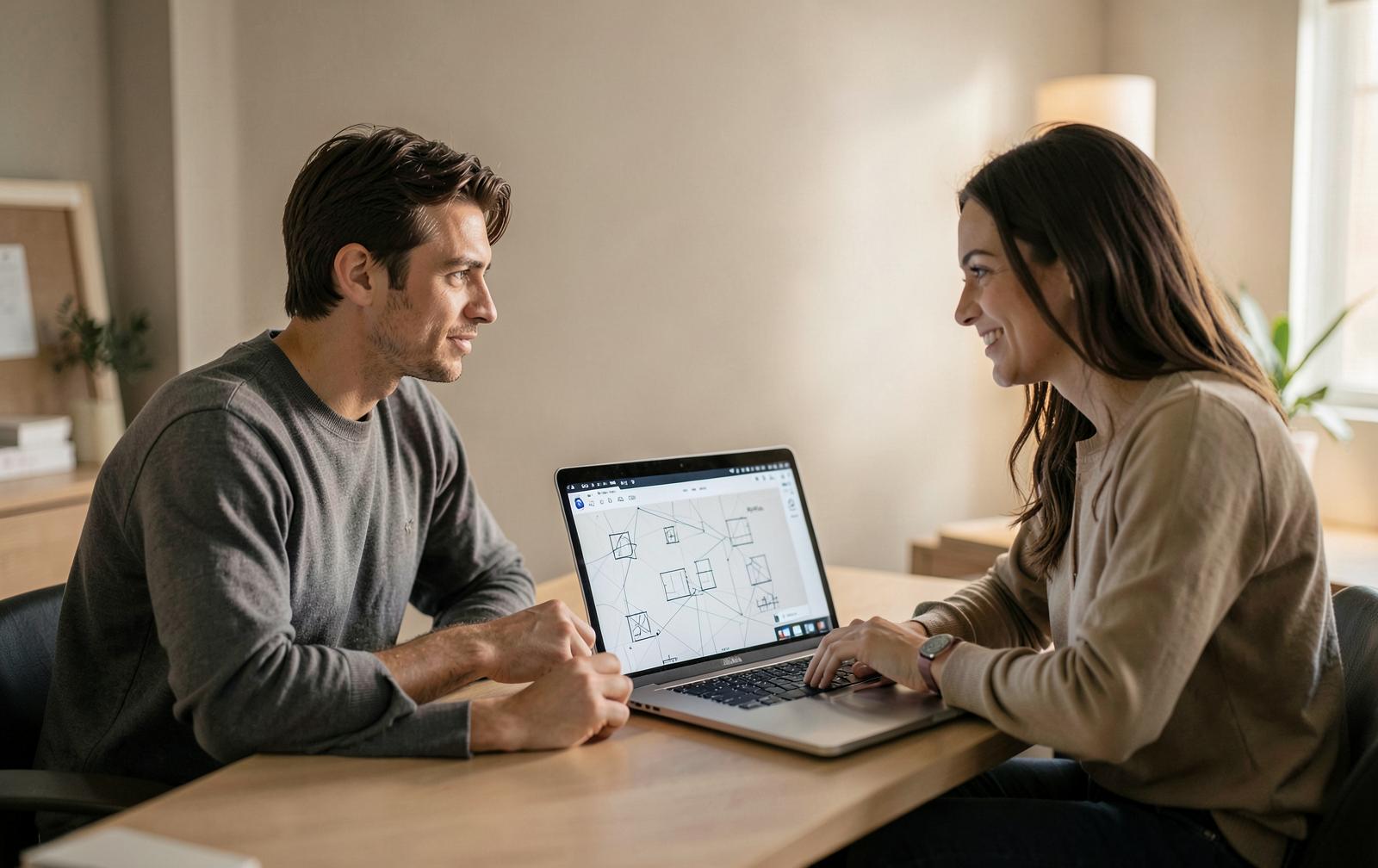 Two people reviewing website wireframes together on a laptop