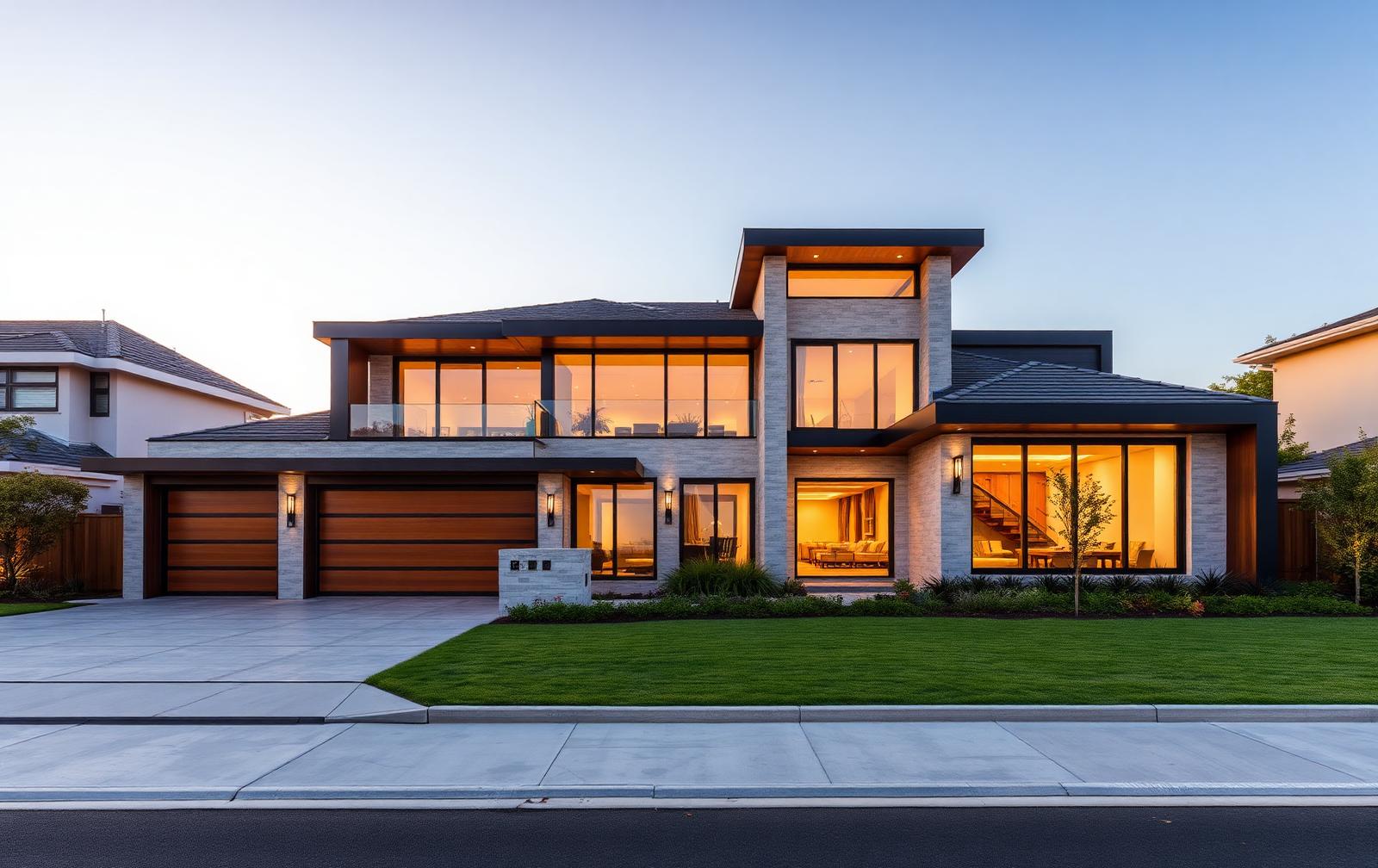 A premium modern residential property exterior photographed at golden hour