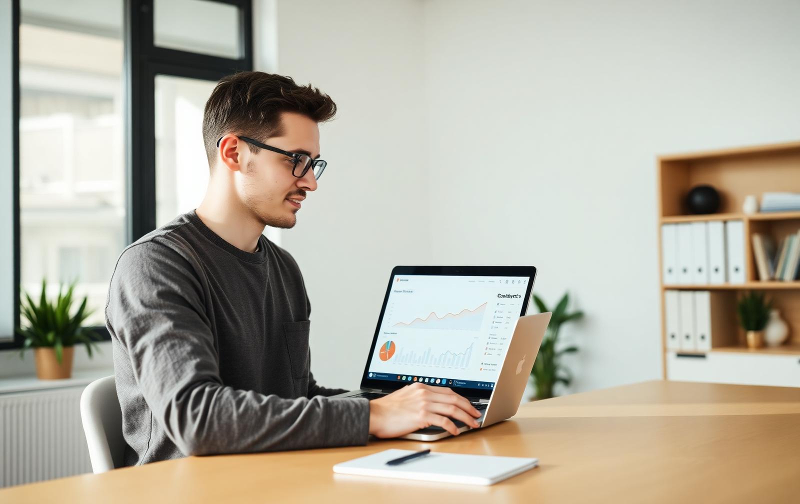 A SaaS founder reviewing a product analytics dashboard on a laptop in a bright office