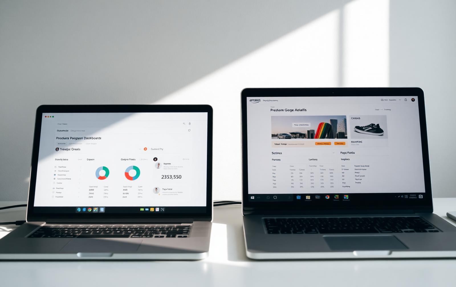 Two laptops side by side showing ecommerce admin dashboards on a bright studio desk