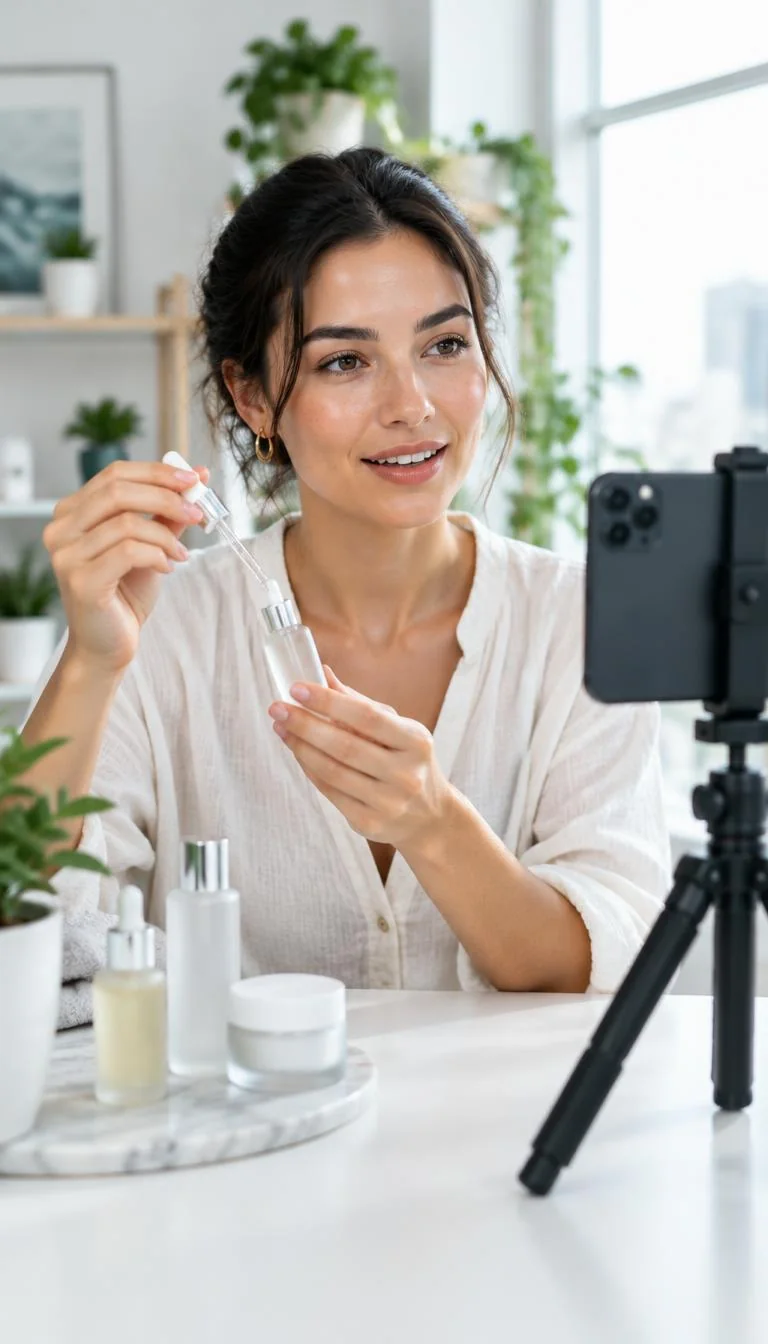 Creator filming a skincare product demonstration for a D2C brand