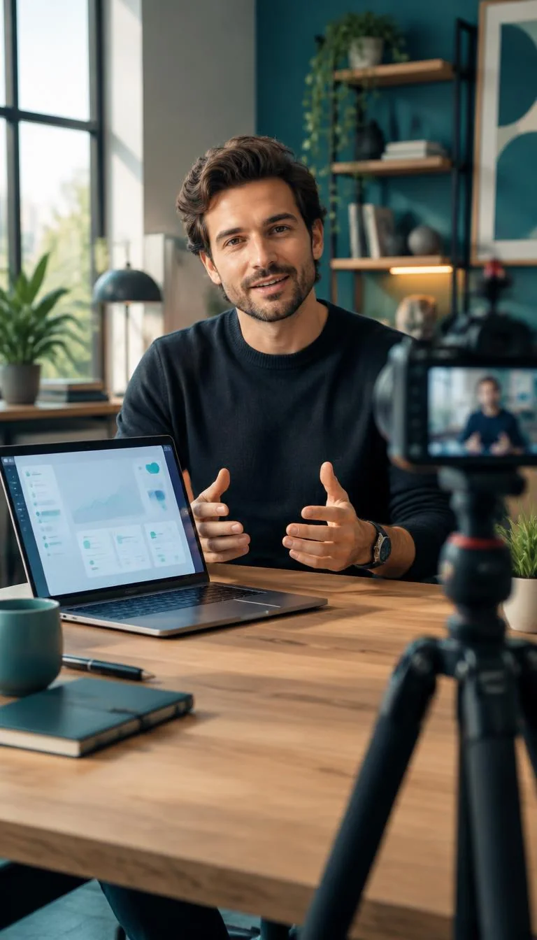 Software founder recording a product explainer at his workspace