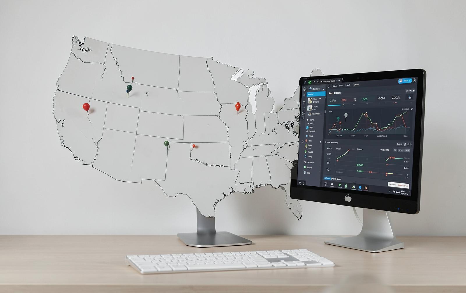 US map with location pins beside a monitor showing an analytics dashboard