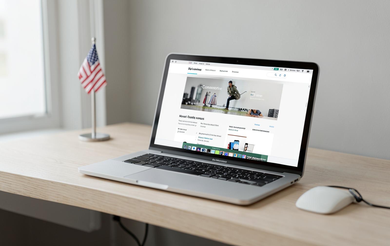 Laptop on a bright desk showing a clean US ecommerce website