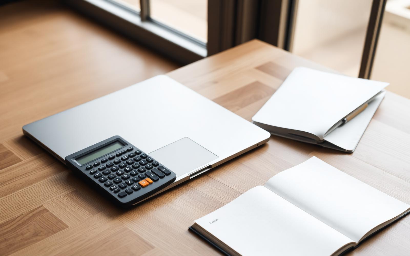 A desk with a closed laptop, calculator and open notebook used to plan a website budget