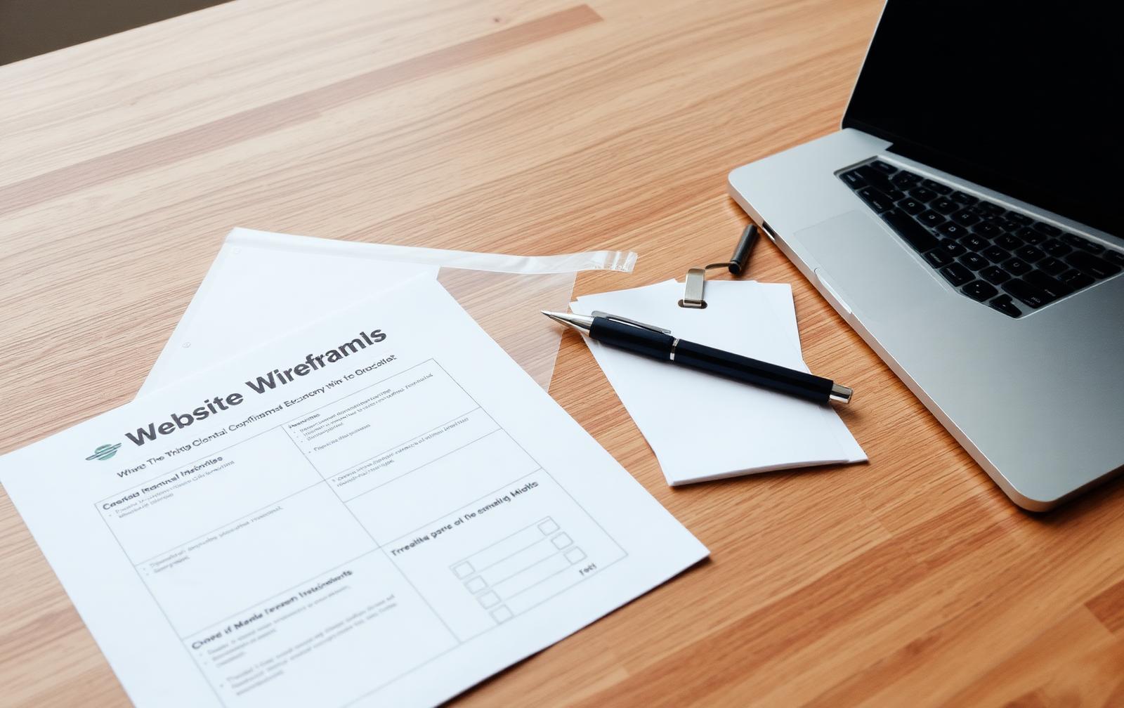 Printed website wireframes and a redesign checklist with a pen beside a laptop